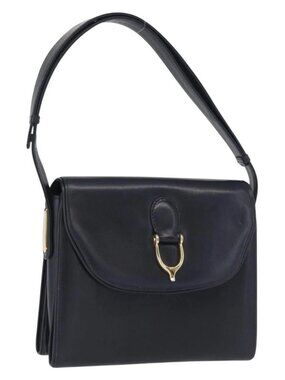GUCCI Shoulder Bag Leather Navy Gold Auth 164825